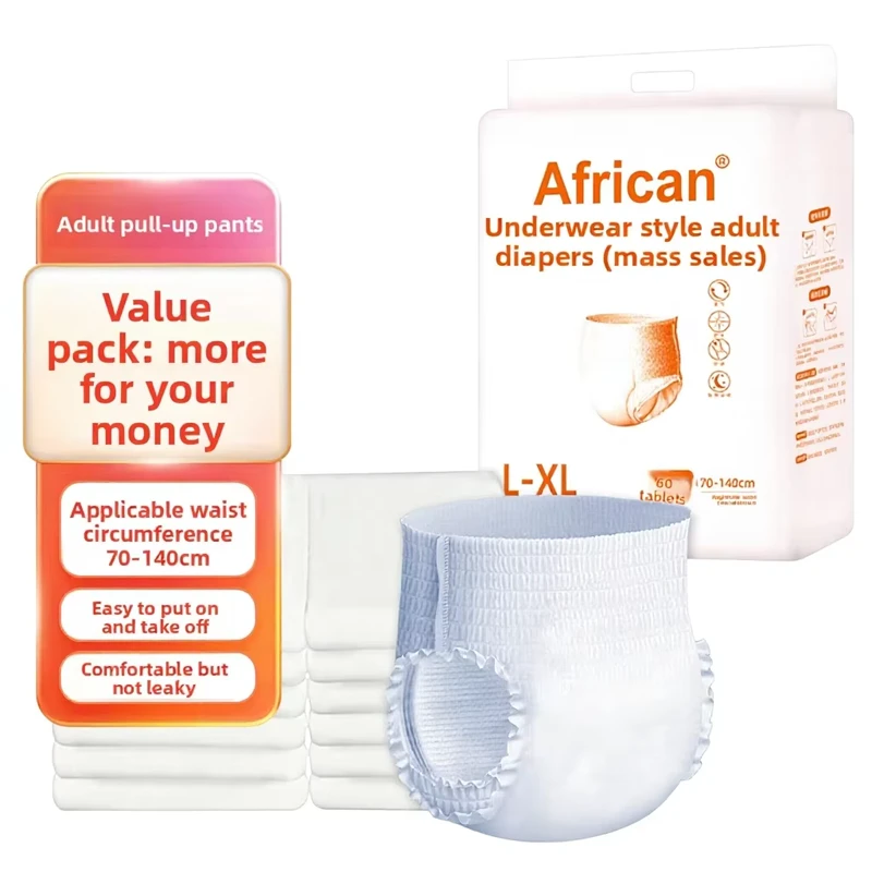 Adult-African-Breathable-Super-Absorbent-Fluff-Pulp-Pull-up-Pants-3D-Leak-Prevention-60-Count-Incontinence-Care-Diapers-L-XL Adult African Breathable Super Absorbent Fluff Pulp Pull up Pants 3D Leak Prevention 60 Count Incontinence Care Diapers L XL